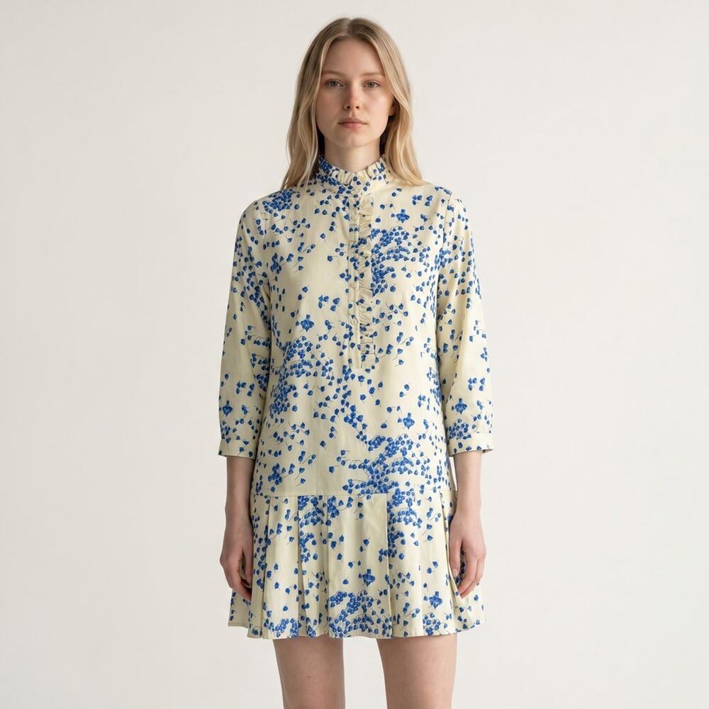 Tuckernuck Tate Dress Womens Medium Cream Blue Floral Ruffle Neck Drop Waist